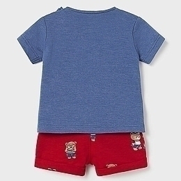 Футболка синего цвета и шорты с принтом медведей от бренда Mayoral