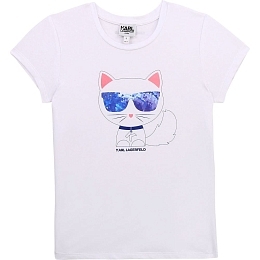 Футболка с изображением кота в очках от бренда Karl Lagerfeld Kids Белый Разноцветный