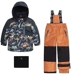 Куртка с принтом динозавром и брюки на лямках от бренда Deux par deux