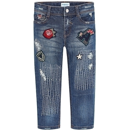 Брюки джинсовые с цветными нашивками от бренда Mayoral