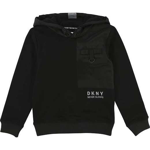 Толстовка черная с капюшоном и карманом на груди от бренда DKNY